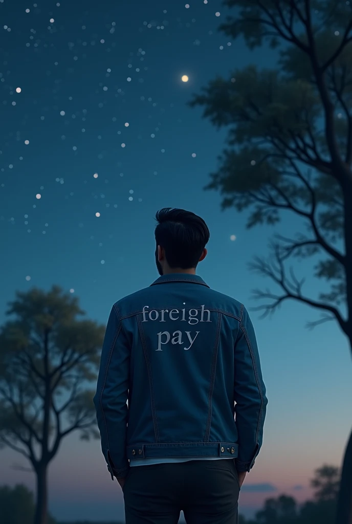  A guy with dark hair and a short, neat beard is standing near the tree looking at the stars, and the denim jacket says  "Foreign Pay" and hes standing with his back to the screen  