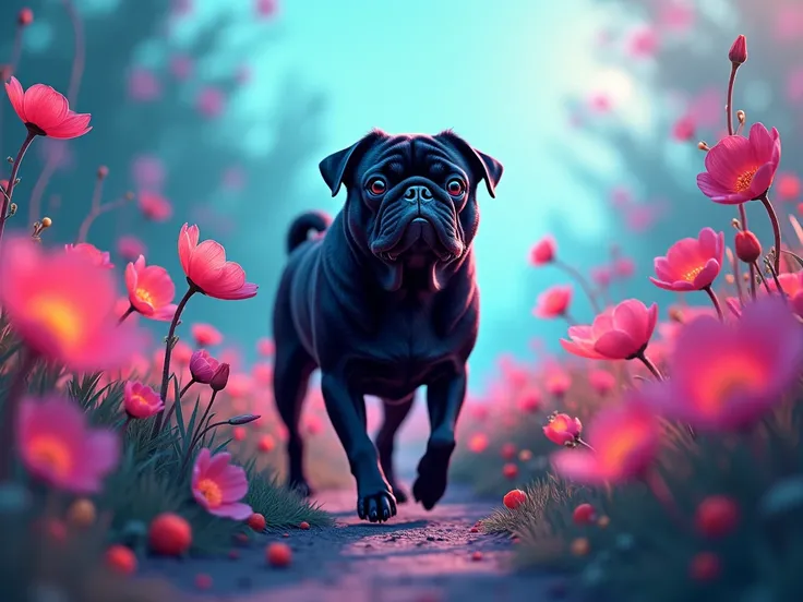  Neon-colored flowers on a sheet and the adult black pug dog, Take a walk enjoying the blue landscape 
