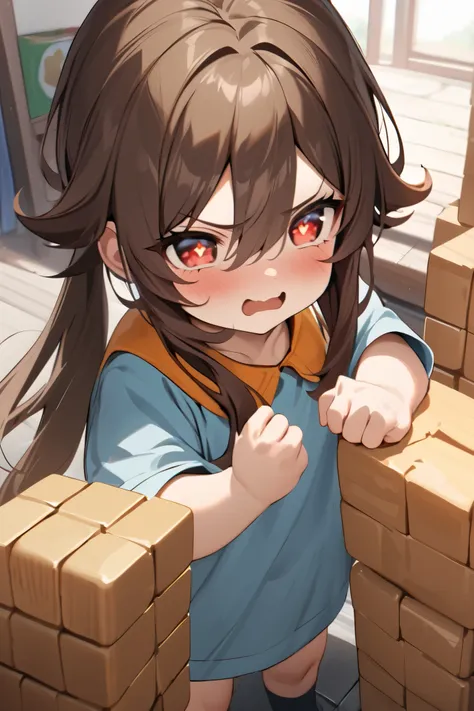 NSFW,masterpiece, top quality , high res, very detailed,Futao(Genshin Impact)、 long hair、bangs、Brown Hair、Red Eye、 hair between eyes、 twin tails、side lock、 symbol shaped pupil ,Kindergarten clothes,Smock,Angry face,blush, Kindergarten,Building blocks