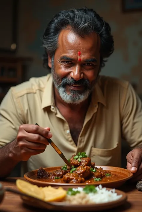 Vijaykanth eating lamb curry
