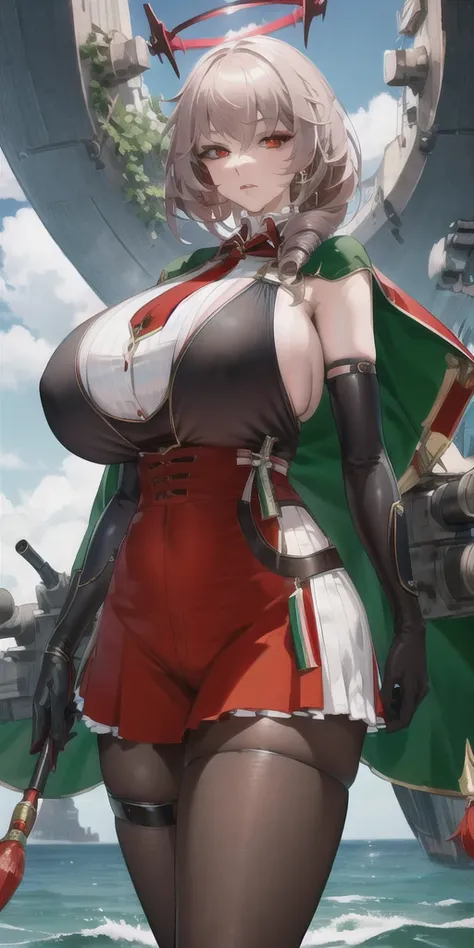 High resolution, Sharp focus, masterpiece, ((Intricate details)), Very detailed, One girl, (tall), (stocky build:1.25), (gigantic huge breasts), (gigantic thick thigh), (gigantic huge hip), narrow waist, (cowboy shot:1.2), abruzzidef, red eyes, eyeblow, me...