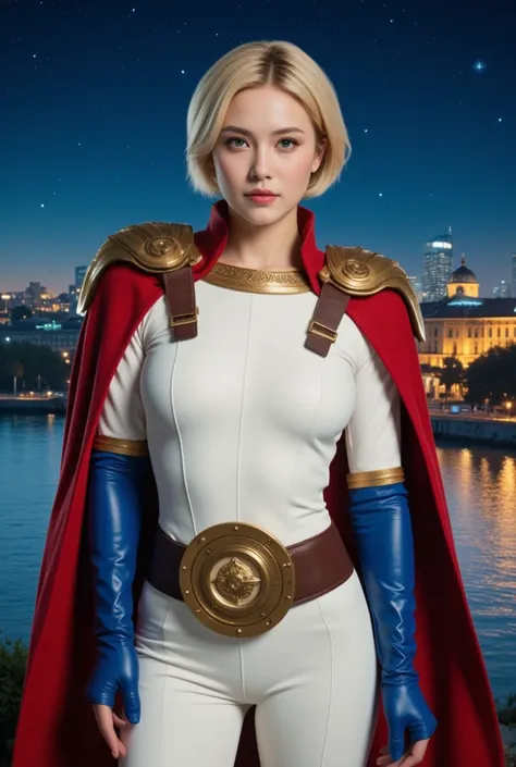 " a realistic image of a superhero with short blond hair .  Her costume is white ,  of tight material that highlights her figure ,  with a pronounced neckline and gold details that include large shoulder pads with an intricate design.  She wears a wide bro...