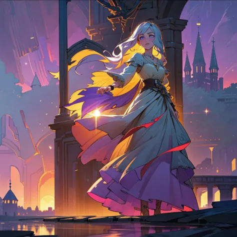 
"A full-body anime girl with waist-length flowing silver hair and shimmering purple eyes, wearing a detailed gothic-inspired outfit with intricate lace, layered frills, and a gemstone necklace glowing faintly. She stands on a cobblestone bridge overlookin...