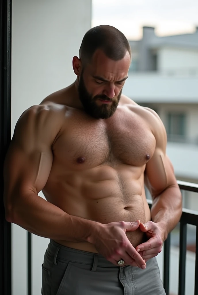 
A naked man with muscles, hairy chest and a big dick is masturbating on a balcony.