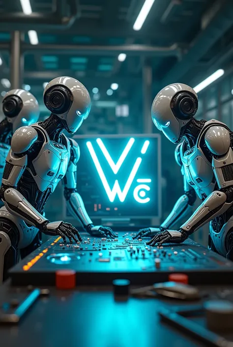 The robot heroes are working on a project with the WOO X NPC logo