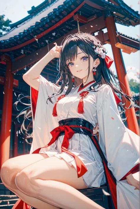 デフォルメ, anime character, black long-haired girl, Shrine maiden,Shrine maiden costume White tops and red bottom, Dance a splendid dance,
 high definition , masterpiece, accurate,  