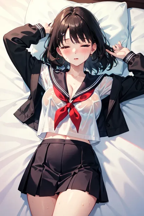 (( top quality )), ((masterpiece)), (  Details),  One girl ,  sailor suit,  sexy,  cleavage,  sleeping on the bed, blush,  miniskirt,  black hair,  wet