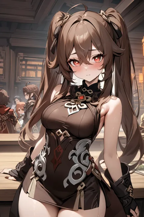 NSFW,masterpiece, top quality , high res, very detailed,Futao(Genshin Impact)、 long hair、bangs、Brown Hair、Red Eye、 hair between eyes、 twin tails、side lock、 symbol shaped pupil , leotards, high leg, sleeveless, micro mini skirt, fantasy, Adventurers Guild, ...