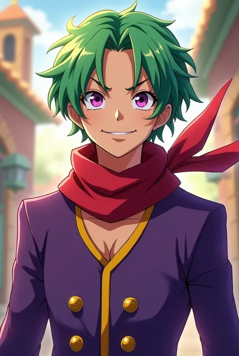  Create a young man from the Centaurus race ,  green hair , outgoing smile , purple eyes, Do you have a red scarf .  Your clothes would be purple with yellow details. inspired by one piece. anime.