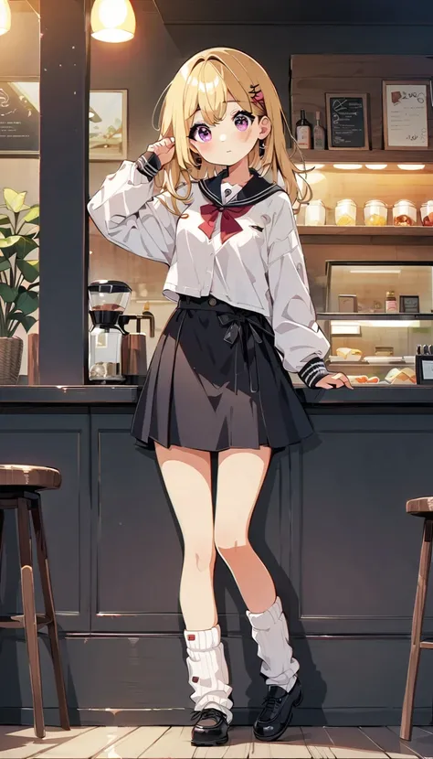 A beautiful high school woman lonely , Loose Socks , gal,Blonde,  miniskirt,Teehee,in modern cafe at night, painting style,high quarity