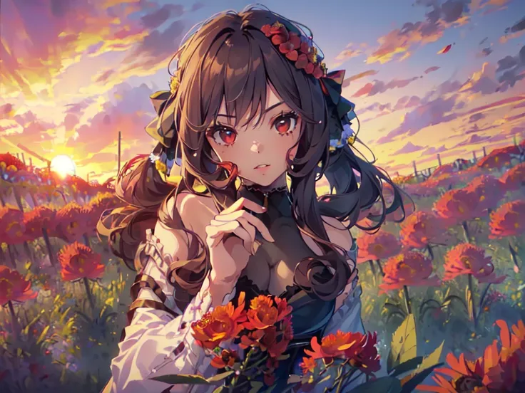 (Solo:2), (Young Woman:2), Gentildonna, (Majestic Meadow Surrounded by Many Red Flowers:2), (Sunset:2), (Bust-up only, low angle, focus on chest), (Accurate body structure, accurate hand structure, accurate finger structure, short fingers), (Meticulously d...