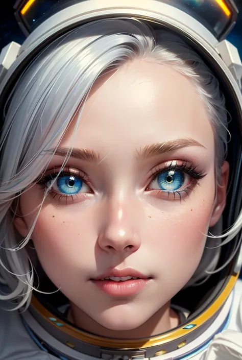 ( close up of a better masterpiece: 1.5) 0.9], (Space and astronauts: 1.2) (Disheveled silver hair: 1.1) ( Heterochromia xanthochromia and blue eyes: 1.2) (space helmet: 1.0) ( Colored stars in the eyes: 1.0) (A radiant glow: 1.1) ( thick lips: 0.9)