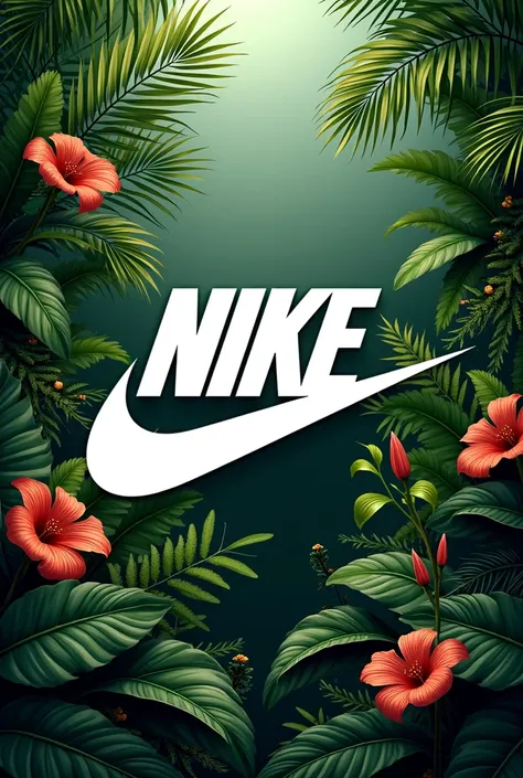 Nike logo and the name Nike with an exotic plant background in png