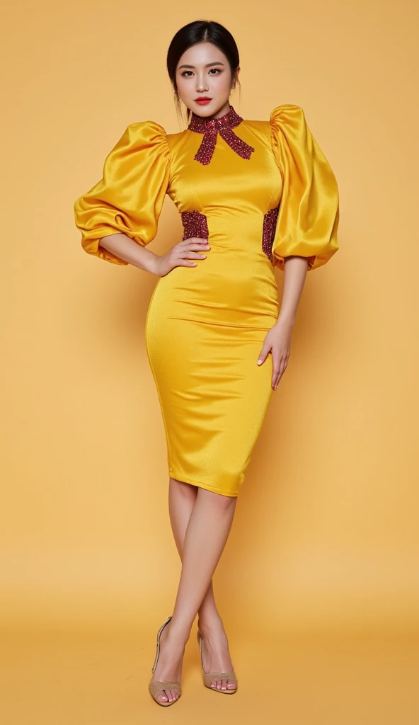 a tall and striking woman exudes confidence and charm with a flirtatious expression. She is adorned in a stunning forign style slimfit outfit featuring a shimmer satin foil yellow fabric maroon shiny kundan work with high neck bodycon dress.The bodycon dre...