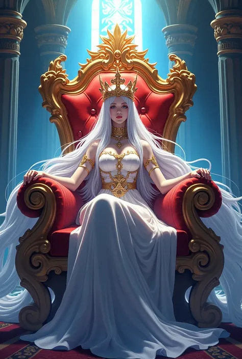 A character, with long white hair and wearing a kings crown, sitting on his throne, Anime illustration, surrealistic anime art style, high contrast, dynamic composition, hyperrealism, vibrant color.