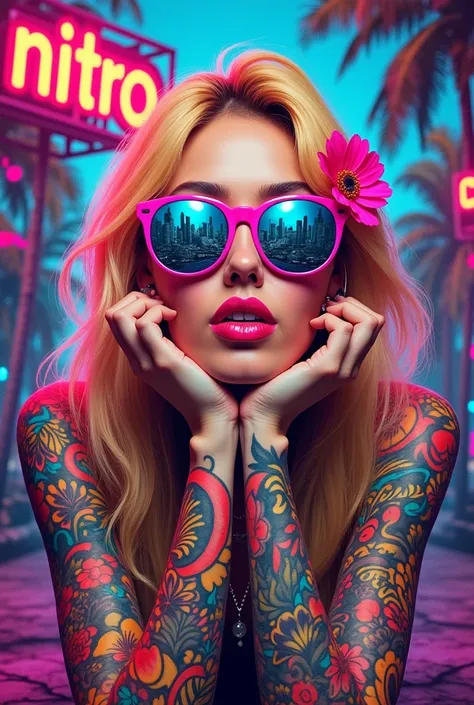 Create a vibrant and surreal artwork featuring a woman with colorful tattoos and large, reflective sunglasses. The woman has blonde hair adorned with a pink flower and is resting her face on her hands. Her sunglasses reflect an urban cityscape. The backgro...