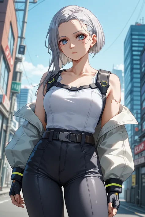   Silver Hair、  Shorthair、 Adult female、 standing、 cool white clothes、Crest on clothes 、 belt around shoulder or chest、Belt on torso、combat clothing 、 black pants、op quality 、masterpiece、   high res 、  detail eyes、  detailed face  、 expressionless、 blue ey...