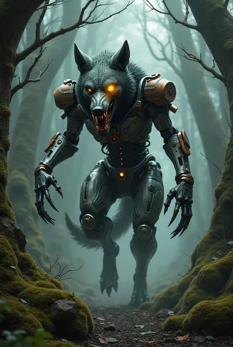 one-yellow-eyed cyborg-steampunk werewolf Forest decor