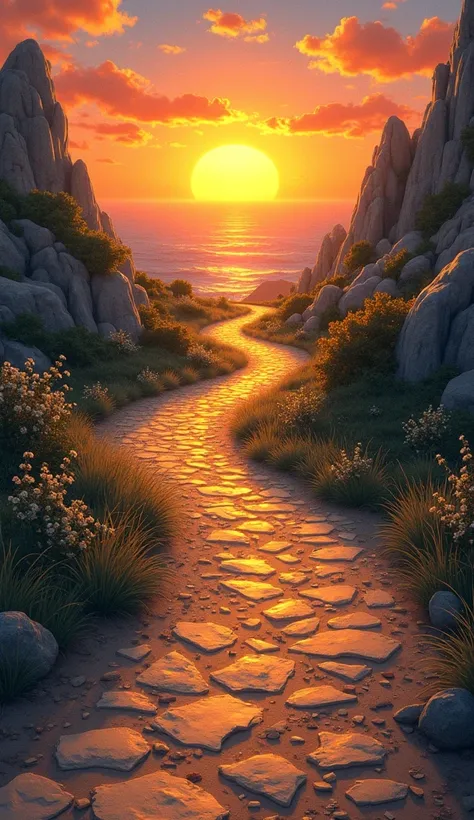 A winding path illuminated by soft, golden light, leading toward a majestic sunrise on the horizon. Along the path, scattered fragments of broken chains and faded photographs lie behind, symbolizing leaving the past behind to embrace a hopeful and boundles...