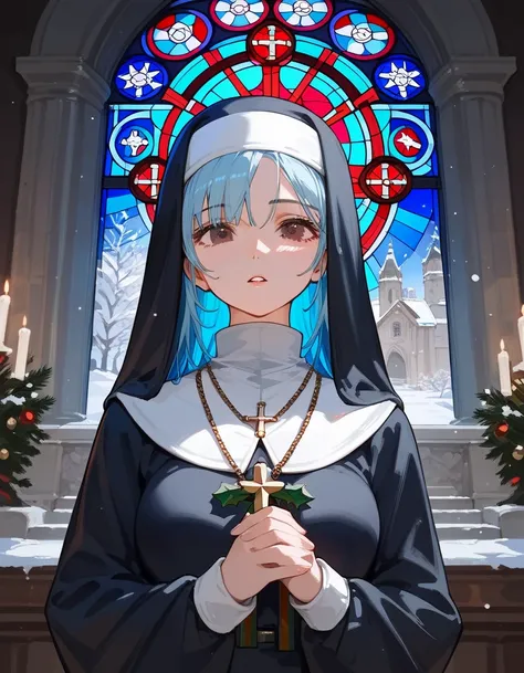 Score_9,Score_8_up,Score_7_up,highest quality, source_anime, BREAK 1 girl, 18 years old, nun, (light blue hair:1.2), long hair, (brown eyes:1.3), BREAK (snowy, Christmas, ancient church, stained glass), BREAK