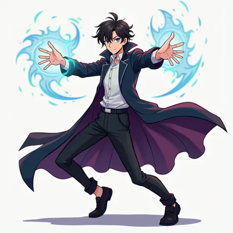 Adult 25 years old anime magician boy wearing long coat black pant and black shoes action pose
Cartoon art
