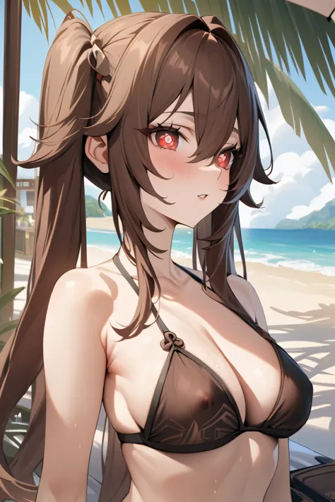 NSFW,masterpiece, top quality , high res, very detailed,Futao(Genshin Impact)、 long hair、bangs、Brown Hair、Red Eye、 hair between eyes、 twin tails、side lock、 symbol shaped pupil , bikini,beach, palm trees,Beach House