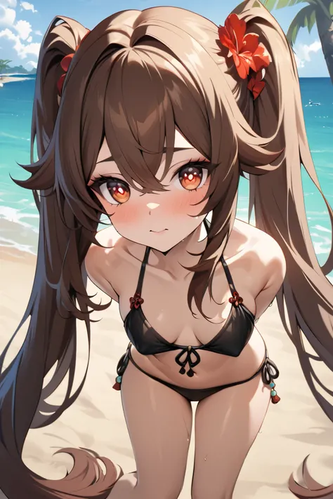 NSFW,masterpiece, top quality , high res, very detailed,Futao(Genshin Impact)、 long hair、bangs、Brown Hair、Red Eye、 hair between eyes、 twin tails、side lock、 symbol shaped pupil , bikini,beach, palm trees,Beach House