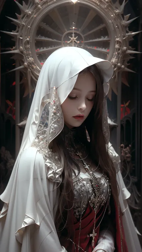 Gothic, light color, pastel color, ultra-high definition illustration, ultra-high definition image, gorgeous costume details, complex costumes, (cathedral: 1.6) (beautiful and vivid background: 1.4) (transparent eye mask: 1.1) (race: 1.3), long hair, high ...