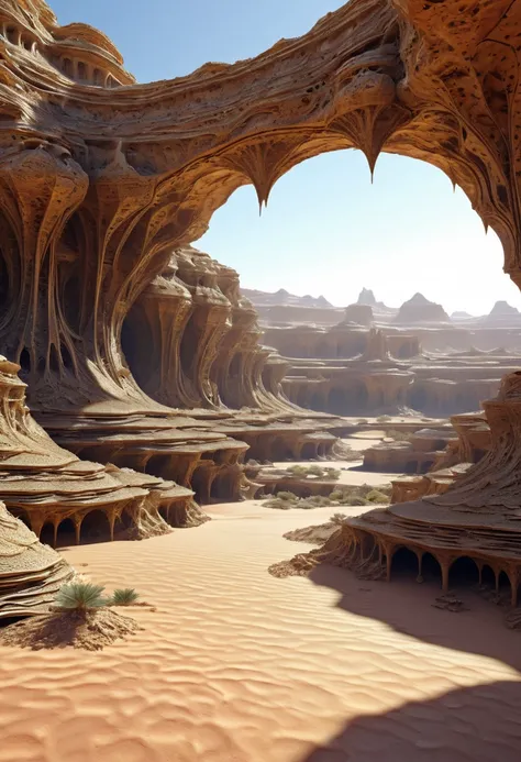 Desert with very structures mandelbulb connecting between their caves with bridge around of desert