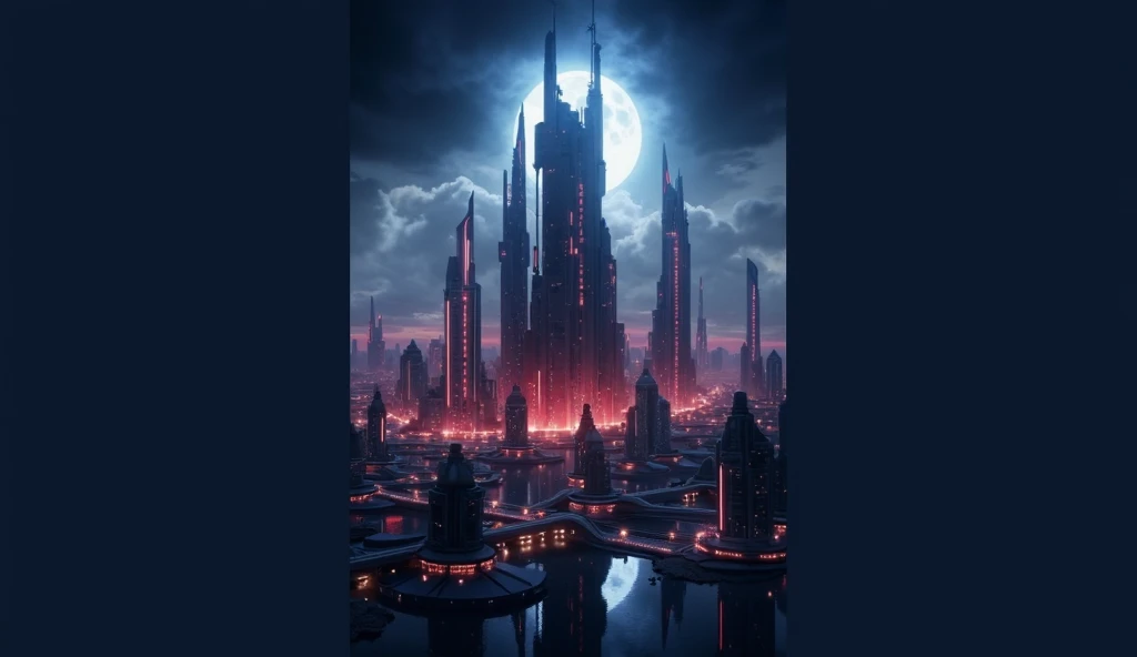 detailed prompt:

 “A futuristic city under the light of a giant full moon ,  with skyscrapers with an elegant and minimalist design ,  illuminated by red and blue neon lights that contrast with the night sky full of clouds .  The buildings look like glass...