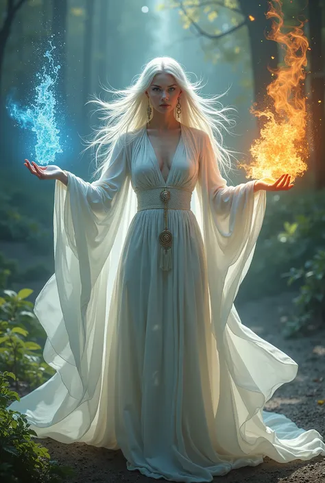 White witch with Water suspended in one hand and Fire suspended in the other hand, with 
, water, fire, air, land
