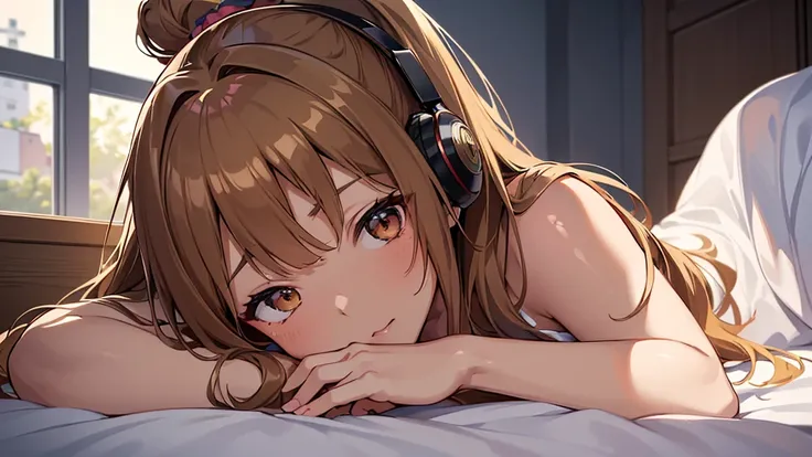 Woman with piano, ponytail, and scrunchies、Whoa Momoko in her nightdress 、 is sleeping on the bed facing backwards、Glass wall、 transparent glass window、 girl, girl,  headphones, Highly praised, (  highest image quality taken by Ki), best quality,extremely ...