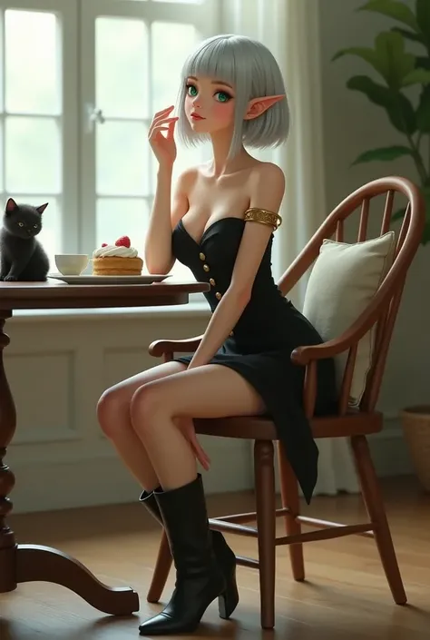 1 lady, solo, A elven lady(silver bob cut, blunt bangs, green eyes, Pointy Ears, gold bangle, bare shoulder black mini dress, black short boots) is enjoying a cup of tea and a plate of a shortcake at the living room table. with a fluffy black kitten(no ext...