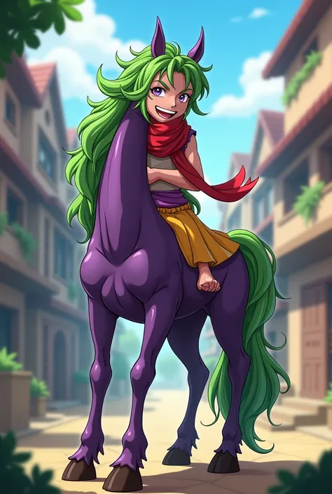  Create a young 18-year-old male, He is of the Centaur race ,  green hair , outgoing smile , purple eyes, Do you have a red scarf . The lower part of your body is that of a horse and the upper part is human.  Your clothes would be purple with yellow detail...