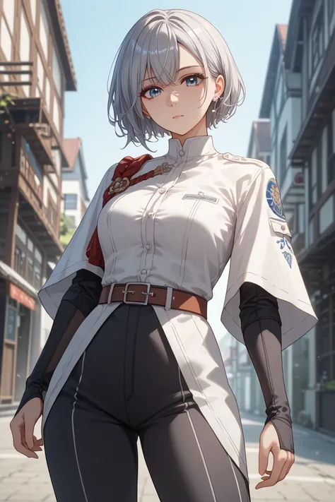   Silver Hair、  Shorthair、 Adult female、 standing、 cool white clothes、Crest on clothes 、 belt around shoulder or chest、Belt on torso、White clothes、long combat clothing 、 black pants、op quality 、masterpiece、   high res 、  detail eyes、  detailed face  、 expr...