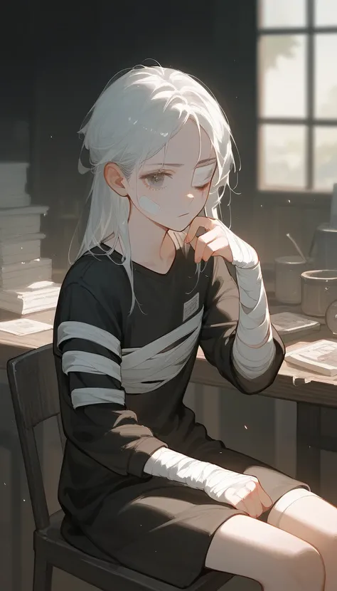 alone,girl, poor ,pitiful,Villagers, black hair, bandages ,Injured, sitting on a chair, white hair,View share , Long Sleeve Shirt,Blind Right Eye ,