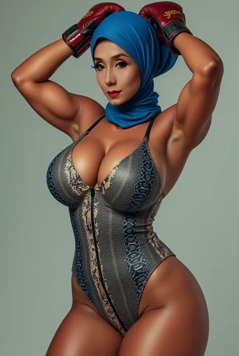 WEARING A BLUE HIJAB), SSBBW HIJAB , (PYTHON SINGLET SWIMSUIT)  big ass ,  WEARS BOXING GLOVES ON TOP FIGHTER HUGE BOOBS,  I DONT WEAR ANY CLOTHES ,