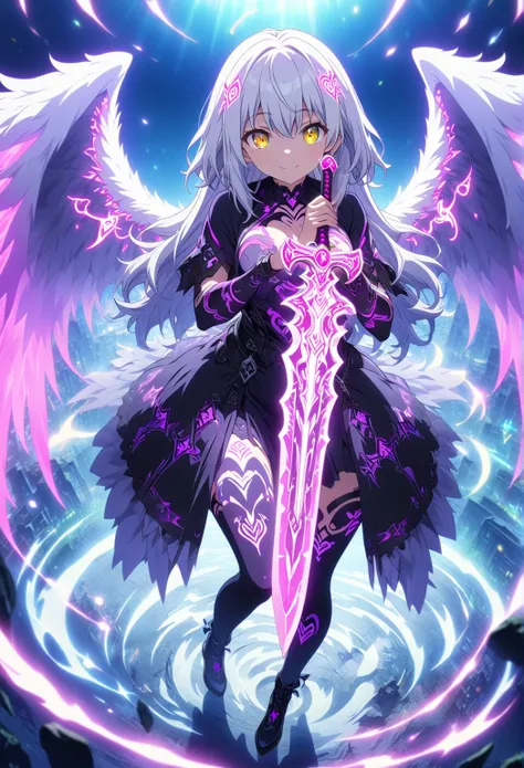 Masterpiece, highest quality, highly detailed CG Unity 8K wallpaper,full body, one girl, anime screenshots, neon tattoos all over the body, big wings with neon violet light, the best smile, depth of field, white hair, yellow eyes,twohanded sword from her s...