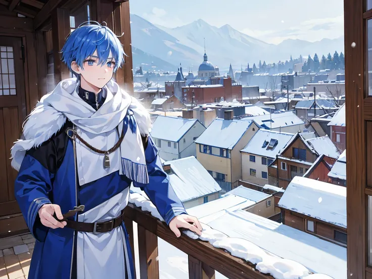 A male student with blue hair is observing the snow with interest in a medieval city
