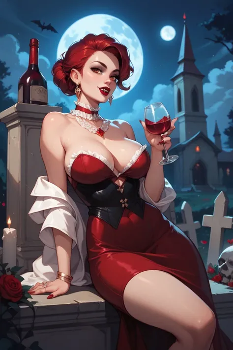 a beautiful young vampire seated on a grave holding a glass of red wine in the light of the full moon