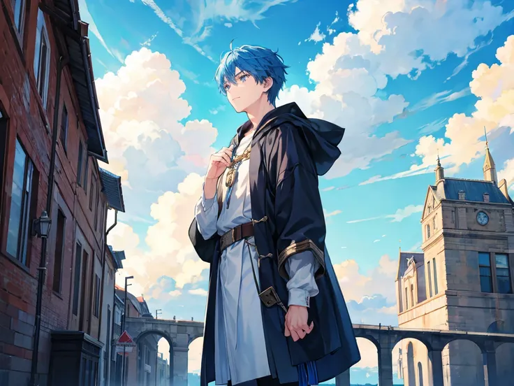 A male student with blue hair is observing cumulonimbus clouds with interest in a medieval city