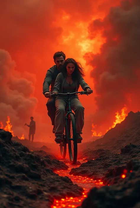 Hyper realistic Hell fire , red sky , a man and a woman riding bicycle through the Hell in the most scary scene , add more people and spirits being torture 