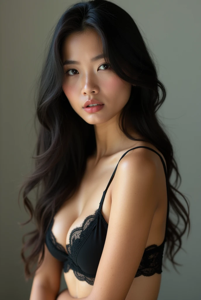 photo of a beautiful Indonesian woman, long hair, white skin, wearing only black underwear, full body.