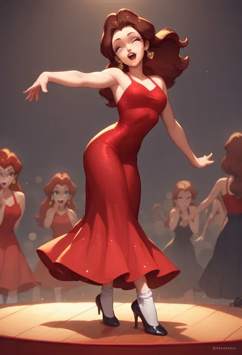 Cute Pauline wearing a sparkling red tight dress, black Mary Jane strap tap heels with white socks,,performing on stage with a city background, black mix with brown hair, eyes are centered,, while tap dancing, 