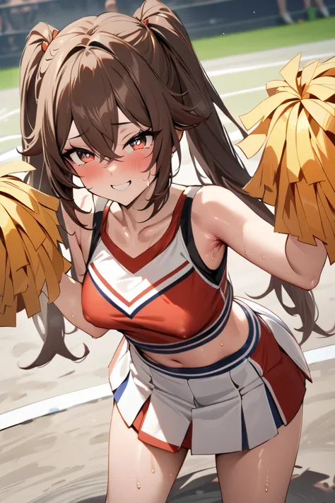 NSFW,masterpiece, top quality , high res, very detailed,Futao(Genshin Impact)、 long hair、bangs、Brown Hair、Red Eye、 hair between eyes、 twin tails、side lock、 symbol shaped pupil , cheerleader, crop top, miniskirt, spats,Ground, fresh smile ,sweat, cute pose