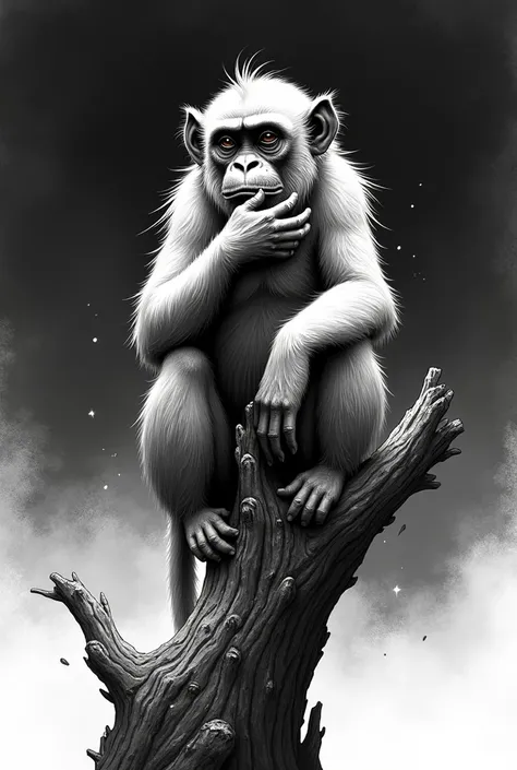 Black and white manga drawing with a gradient of a wise monkey perched on his stick looking into the distance