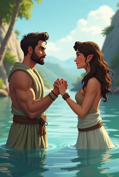  Create an animated picture of a male couple reaching out to a woman inviting her to play water in a large river .  Greeted with a woman about to clasp a mans hand .  They looked into each others eyes .  Wearing wrapped cloth clothes . man ( without mustac...