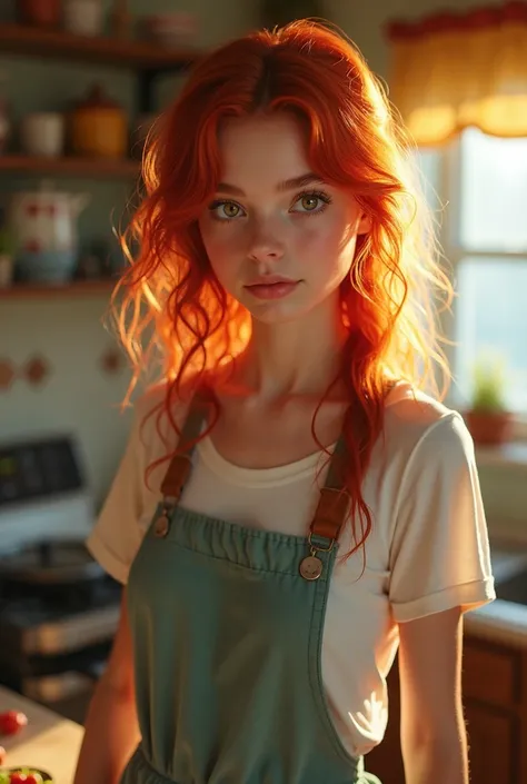 Take a photo of a girl in the kitchen ,  years old in her 20s with red hair and green-brown eyes173