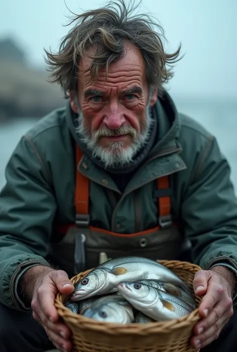 A very clear ultra HD dynamic image of,"A close-up of the fisherman, frozen in fear in the middle of the road. His hands clutch the fish basket tightly. His wrinkled face shows helplessness and dread."
