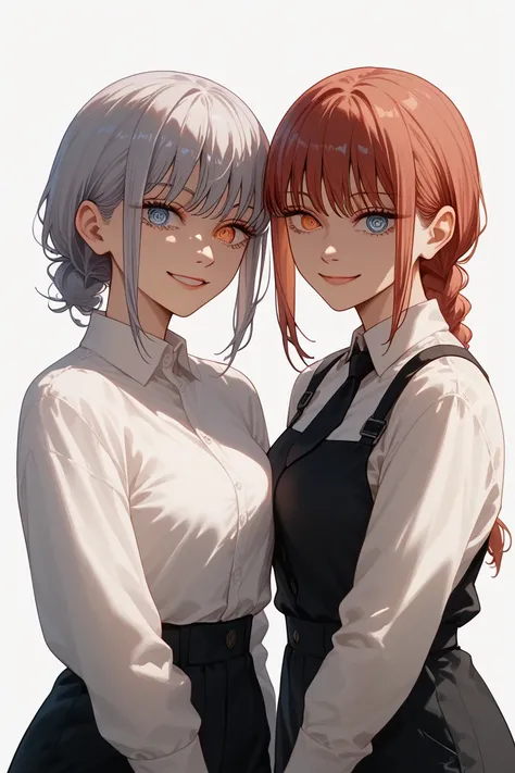  2 women 、Makima（ Chainsaw Man）、Woman with short silver hair and blue eyes、 top quality 、 high res、masterpiece、 detailed face 、 detailed eyes、smile、